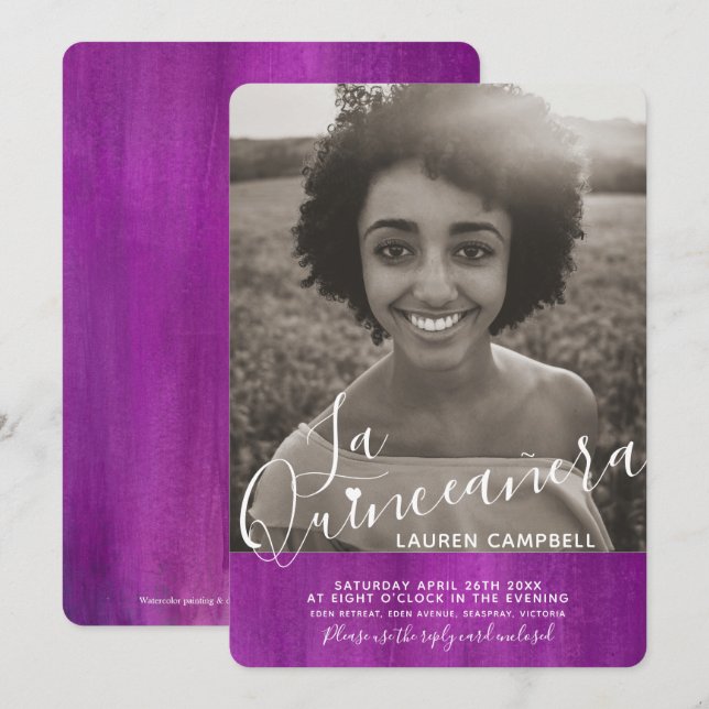 purple pink mauve modern art La Quinceañera photo Invitation (Front/Back)