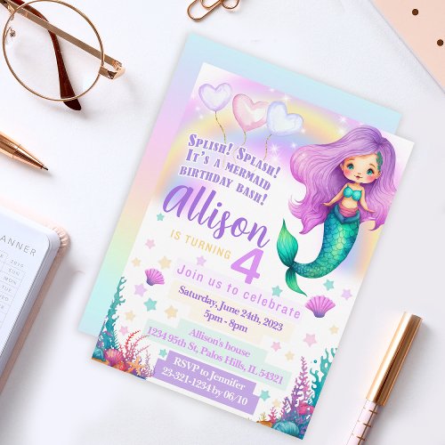 Purple pink mermaid birthday invitation sparkles