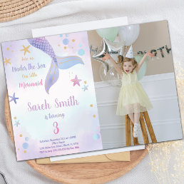 Purple Pink Mermaid Birthday Invitations w photo