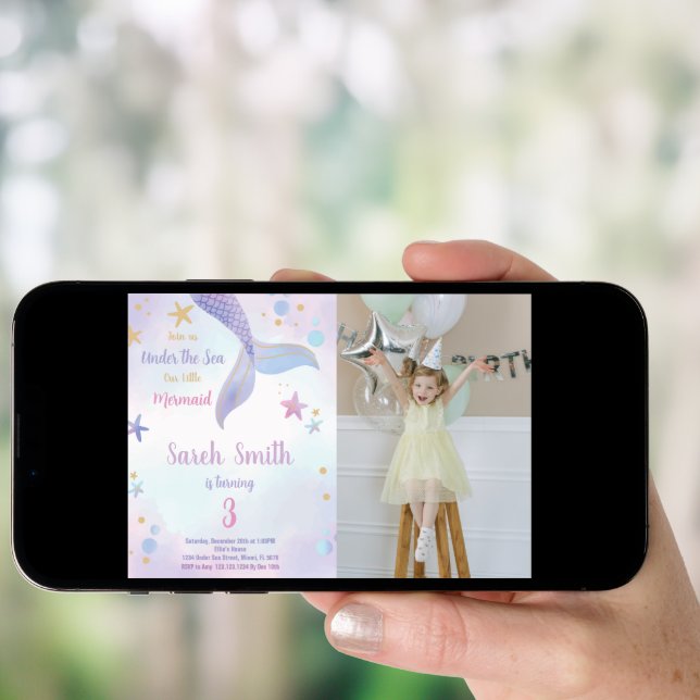 Purple Pink Mermaid Birthday Invitations w photo (Front Digital)