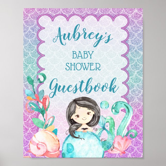 Purple Pink Mermaid Girl Baby Shower Guestbook (Front)