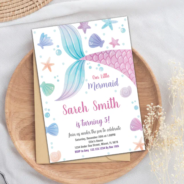 Purple Pink Mermaid Tail Birthday Invitation | Zazzle