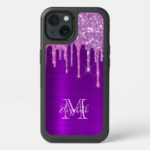 Purple pink metallic glitter drips monogram name iPhone 13 case