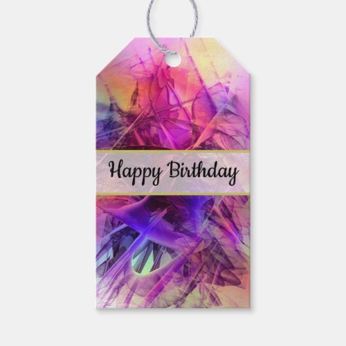 Purple Pink Modern Abstract Fractal Happy Birthday Gift Tags