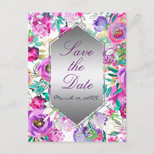 Purple Pink Modern Floral Wedding Save the Date Announcement Postcard