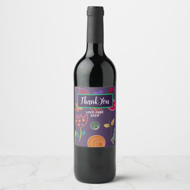 Purple pink modern floral wine label (Front)