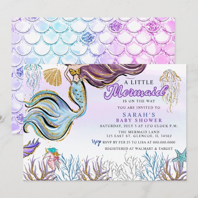 Purple Pink Modern Glitter Mermaid Baby Shower Invitation (Front/Back)