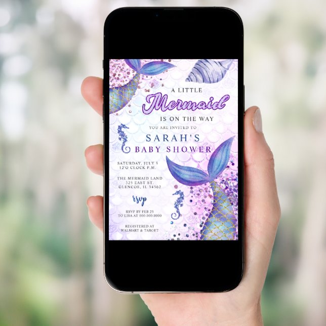 Purple Pink Modern Glitter Mermaid Baby Shower Invitation (Front Digital)