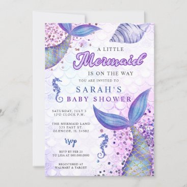 Purple Pink Modern Glitter Mermaid Baby Shower Invitation