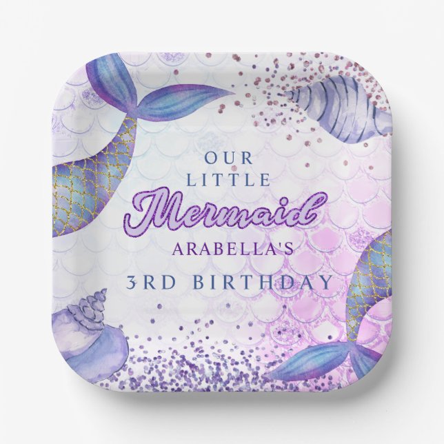 Purple Pink Modern Glitter Mermaid Birthday Paper Plates (Front)