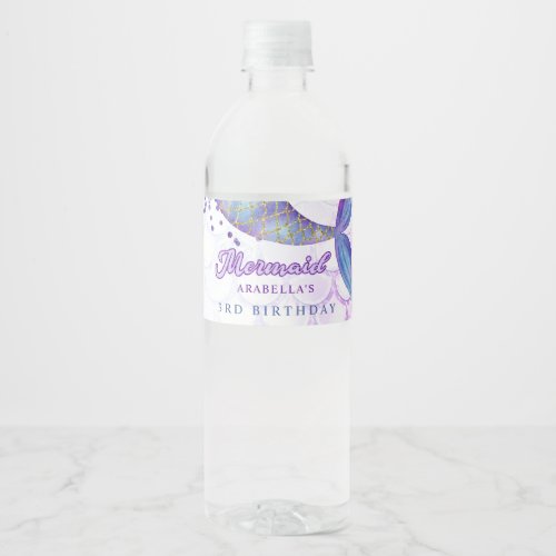 Purple Pink Modern Glitter Mermaid Birthday Water Bottle Label