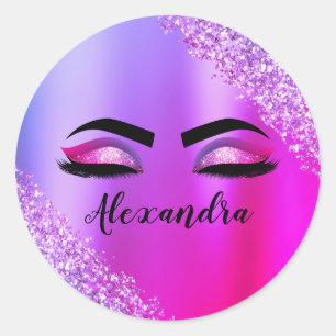 Purple Pink Monogram Glitter Eyelashes Modern Classic Round Sticker