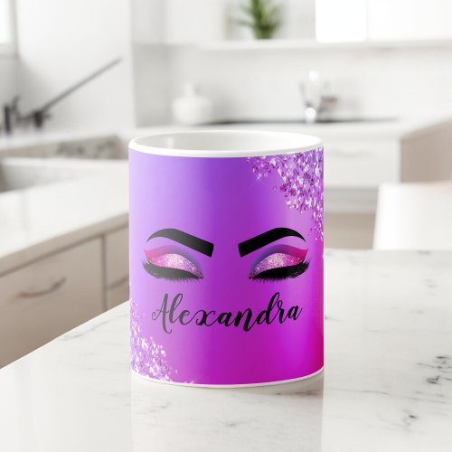 Purple Pink Monogram Glitter Eyelashes Modern Coffee Mug