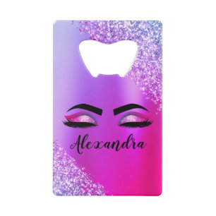 Purple Pink Monogram Glitter Eyelashes Modern Credit Card Bottle Opener