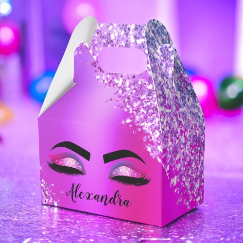 Purple Pink Monogram Glitter Eyelashes Modern Favor Boxes