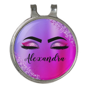 Purple Pink Monogram Glitter Eyelashes Modern Golf Hat Clip