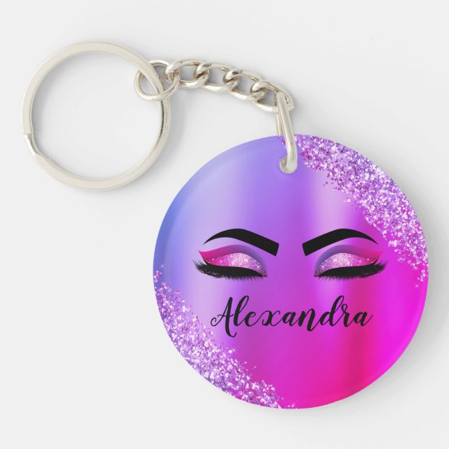 Purple Pink Monogram Glitter Eyelashes Modern Keychain (Front)