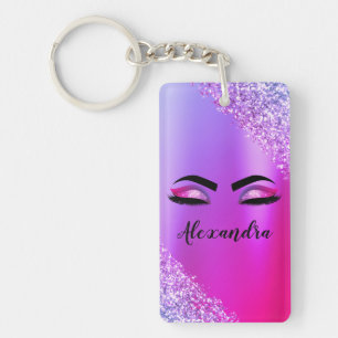 Purple Pink Monogram Glitter Eyelashes Modern Keychain