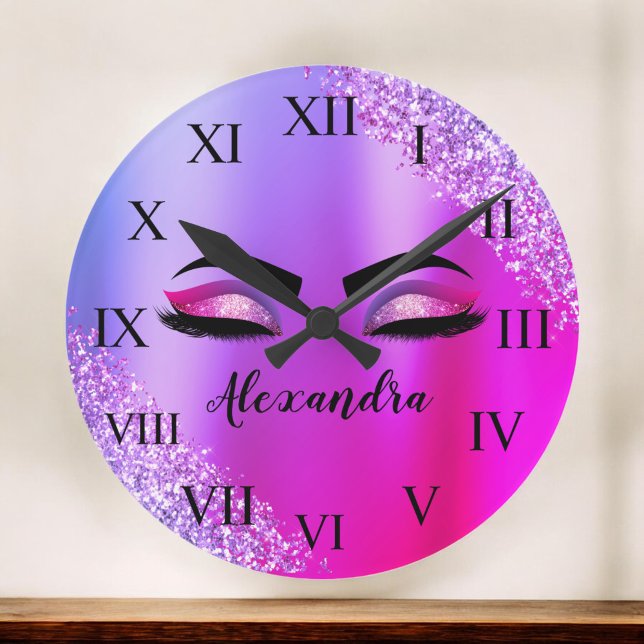 Purple Pink Monogram Glitter Eyelashes Modern Large Clock (Creator Uploaded)