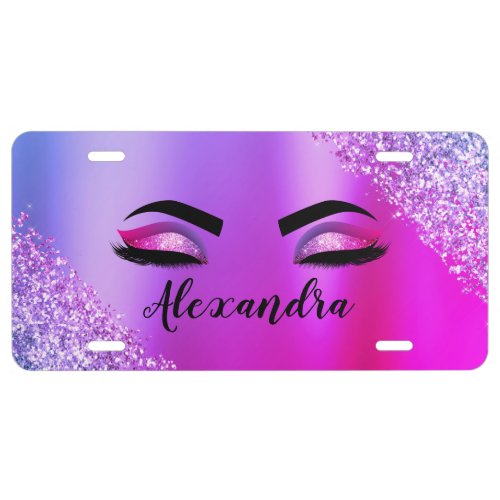 Purple Pink Monogram Glitter Eyelashes Modern License Plate