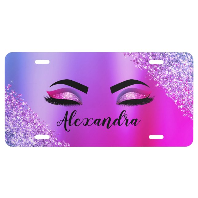 Purple Pink Monogram Glitter Eyelashes Modern License Plate (Front)