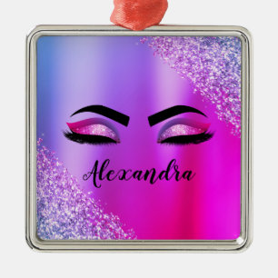 Purple Pink Monogram Glitter Eyelashes Modern Metal Ornament