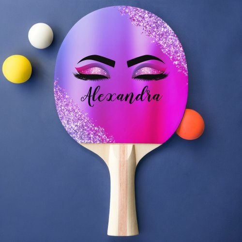 Purple Pink Monogram Glitter Eyelashes Modern Ping Pong Paddle