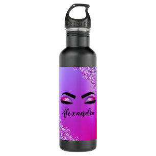 Purple Pink Monogram Glitter Eyelashes Modern Stainless Steel Water Bottle