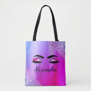 Purple Pink Monogram Glitter Eyelashes Modern Tote Bag