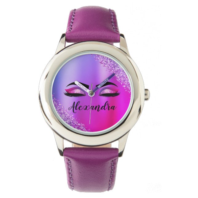Purple Pink Monogram Glitter Eyelashes Modern Watch (Front)