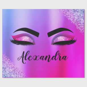 Purple Pink Monogram Glitter Eyelashes Modern Wrapping Paper