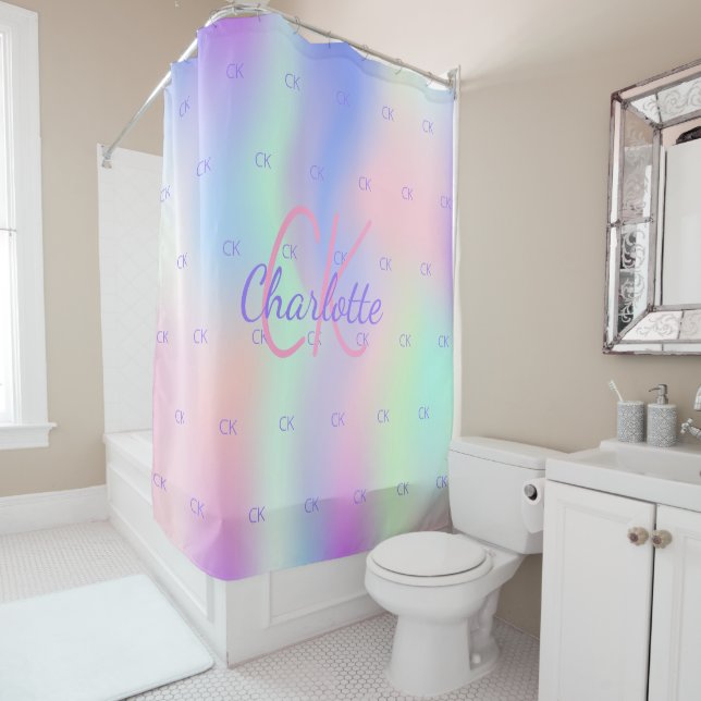 Purple pink monogram holographic shower curtain (In Situ)