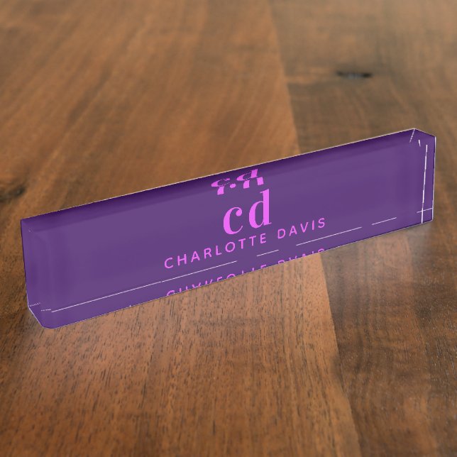 Purple pink monogram initials name desk name plate (Side)