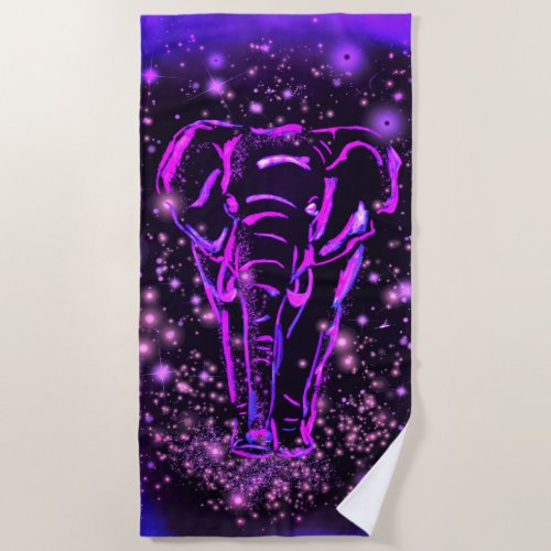 Purple Pink Neon Elephant Walking In Starry Night Beach Towel