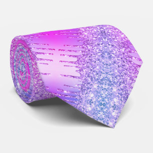 Purple Pink Neon Glitter Drips Party Neck Tie