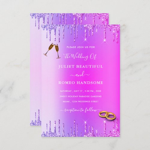 Purple Pink Neon Glitter Drips Wedding Invitation 