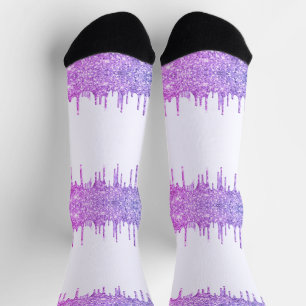 Purple Pink Neon Glitter Sparkly Drips White Socks