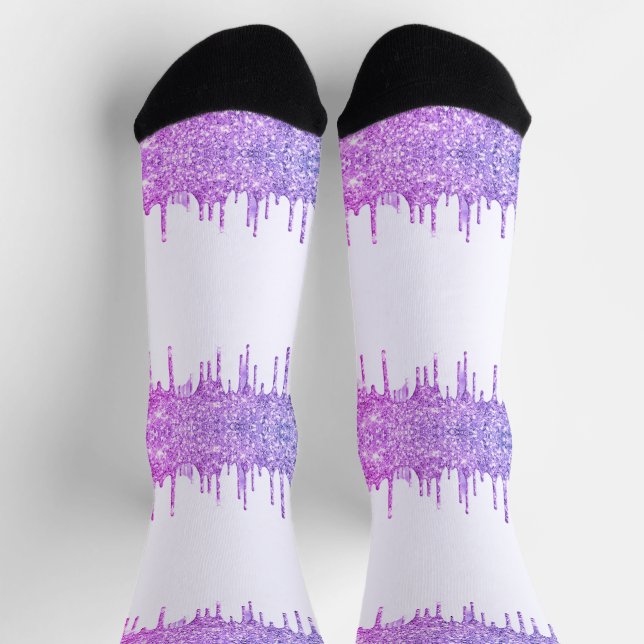 Purple Pink Neon Glitter Sparkly Drips White Socks (Top)