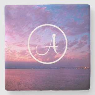 Purple pink ocean sunset photo custom monogram stone coaster