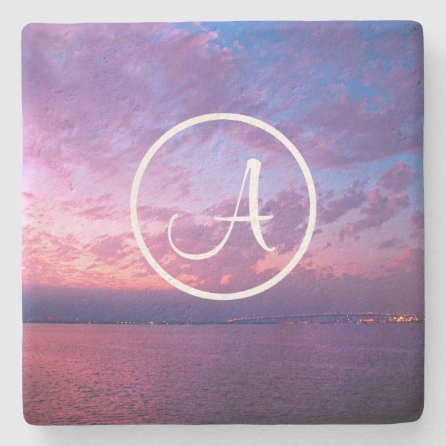 Purple pink ocean sunset photo custom monogram stone coaster (Front)