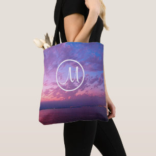 Purple pink ocean sunset photo custom monogram tote bag