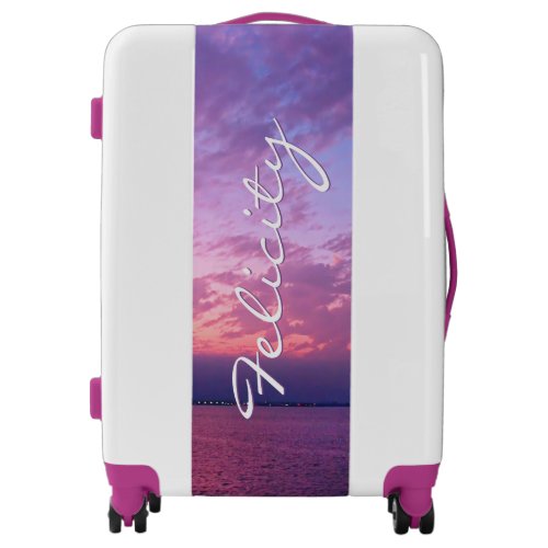 Purple pink ocean sunset photo custom name script luggage