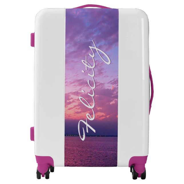 Purple pink ocean sunset photo custom name script luggage (Front)