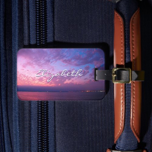 Purple pink ocean sunset photo custom name script luggage tag