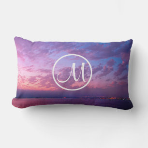 Purple pink ocean sunset photo monogram modern lumbar pillow