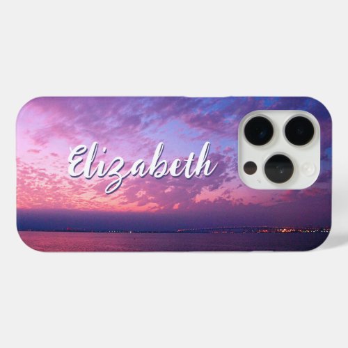 Purple Pink Ocean Sunset Photo Name Script Modern iPhone 15 Pro Case