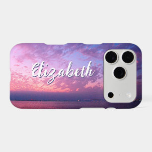 Purple Pink Ocean Sunset Photo Name Script Modern iPhone 17 Pro Case