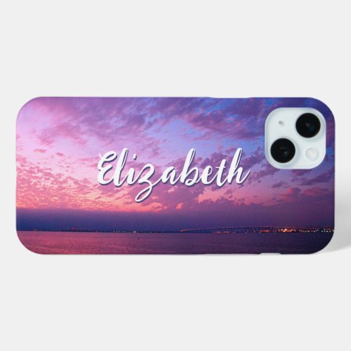 Purple Pink Ocean Sunset Photo Name Script Stylish iPhone 15 Plus Case