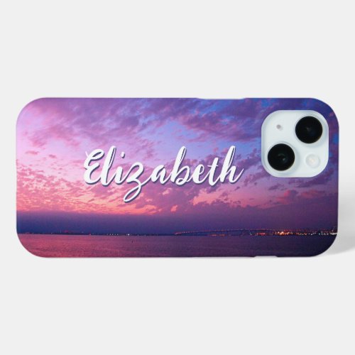 Purple Pink Ocean Sunset Photo Name Script Stylish iPhone 15 Case