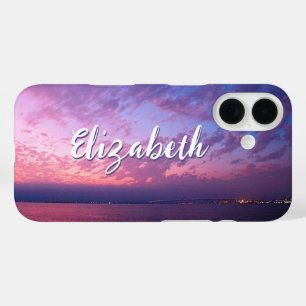 Purple Pink Ocean Sunset Photo Name Script Stylish iPhone 16 Case